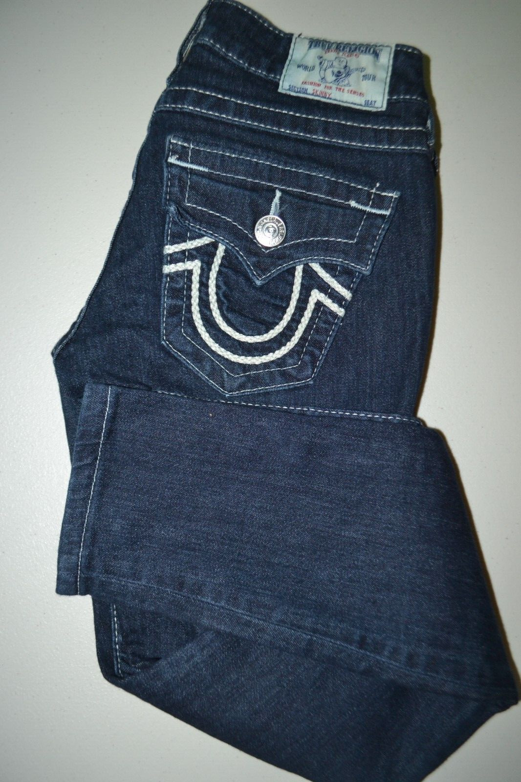 True Religion Girls Skinny Embroidered Logo U Dark Blue Denim Jeans Sz 25x28
