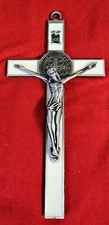 WHITE  Enamel metal  Wall hanging Cross Saint Benedict  Crucifix 7×3.5 " new 