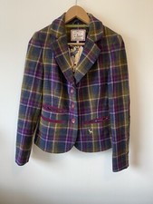 Ness Blazer Women Sz 8 Wool Check Jacket Purple Green Elbow Patch Ladies