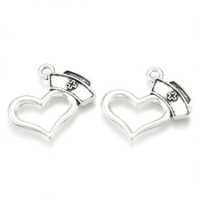 10 Nurse Charms Antiqued Silver Open Heart Medical Themed Jewelry Supplies Set