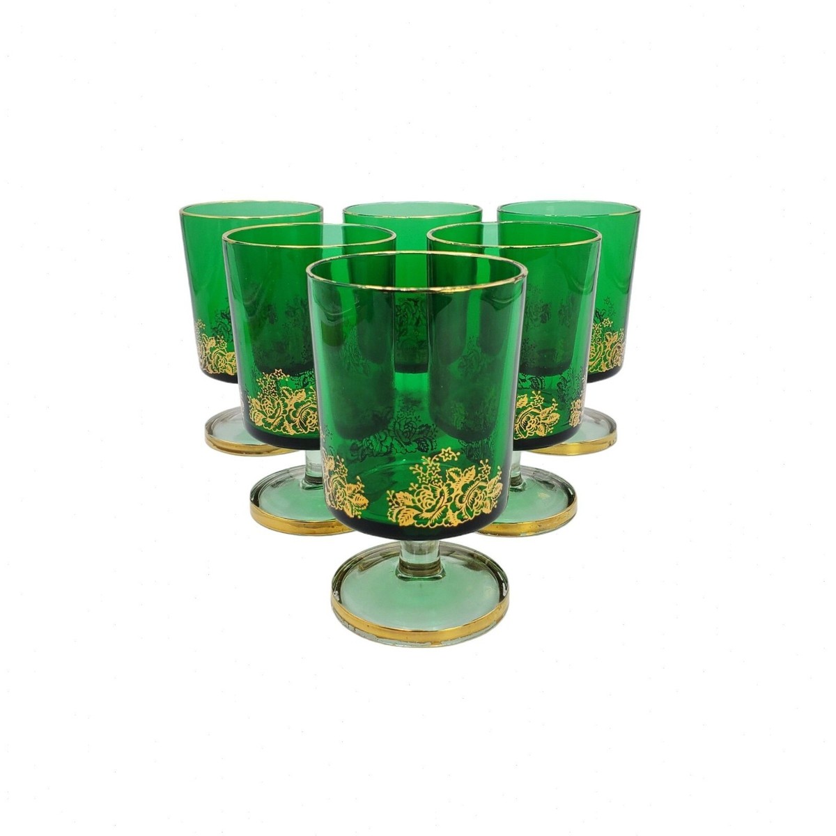 VTG Luminarc Arcoroc France Green Gold Floral 6oz Footed Glasses 