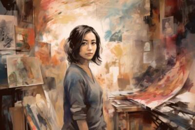 Wandbild: Eine junge Frau malt in einer Kunstgalerie. Digitale [...]