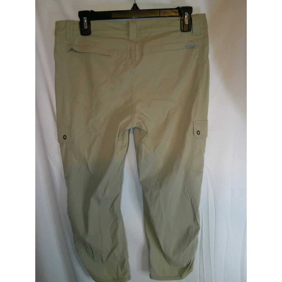 Calça de caminhada Eddie Bauer Travex Cargo Capri aba rolante cáqui feminina tamanho 6 - Imagem 2 de 3