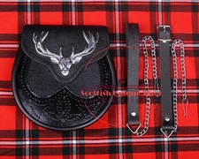 Scottish Kilt Semi Dress Real Black Leather Sporran Stag Head Design With Chain
