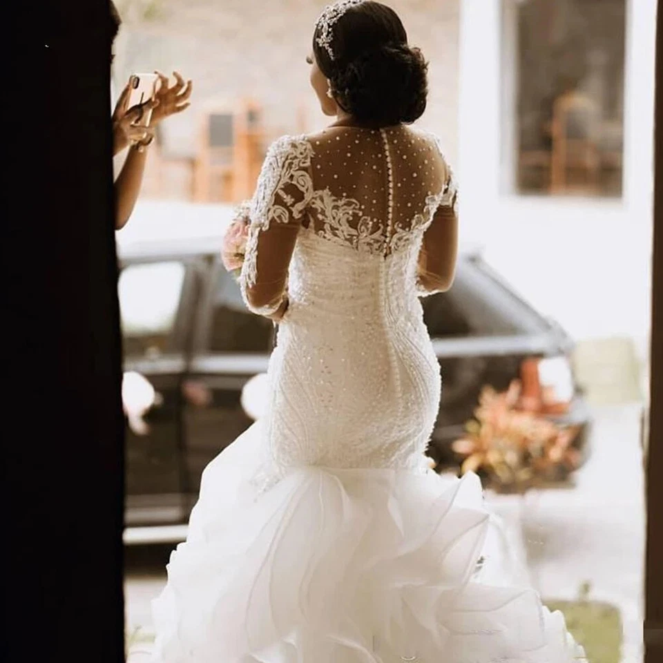 Vestidos de novia de sirena de media manga apliques con cuentas volantes vestidos de novia personalizados Foto 3 de 4