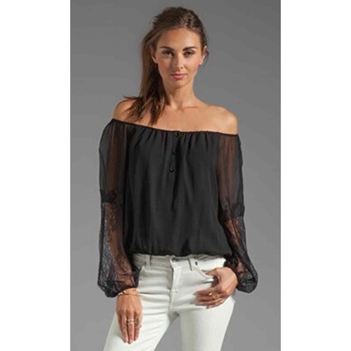 NWT ALICE OLIVIA ISLA LACE SLEEVE SILK OFF THE SHOULDER BLACK BLOUSE TOP SIZE L