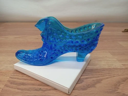 Vintage Fenton Glass Hobnail Cobalt Blue Cat Head Slipper Shoe Collectible