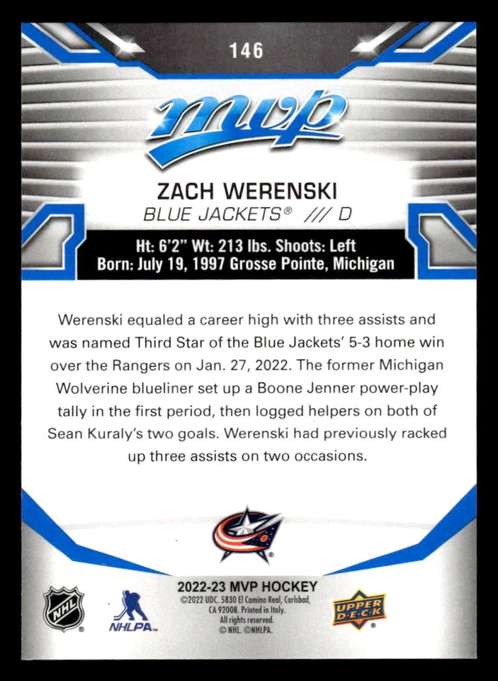 2022-23 Upper Deck MVP #146 Zach Werenski Blue Script - Image 2 of 2