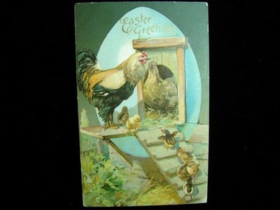 VINTAGE ''ROOSTER, HEN AND THE BROOD - 1908!!'' EASTER GREETING POSTCARD
