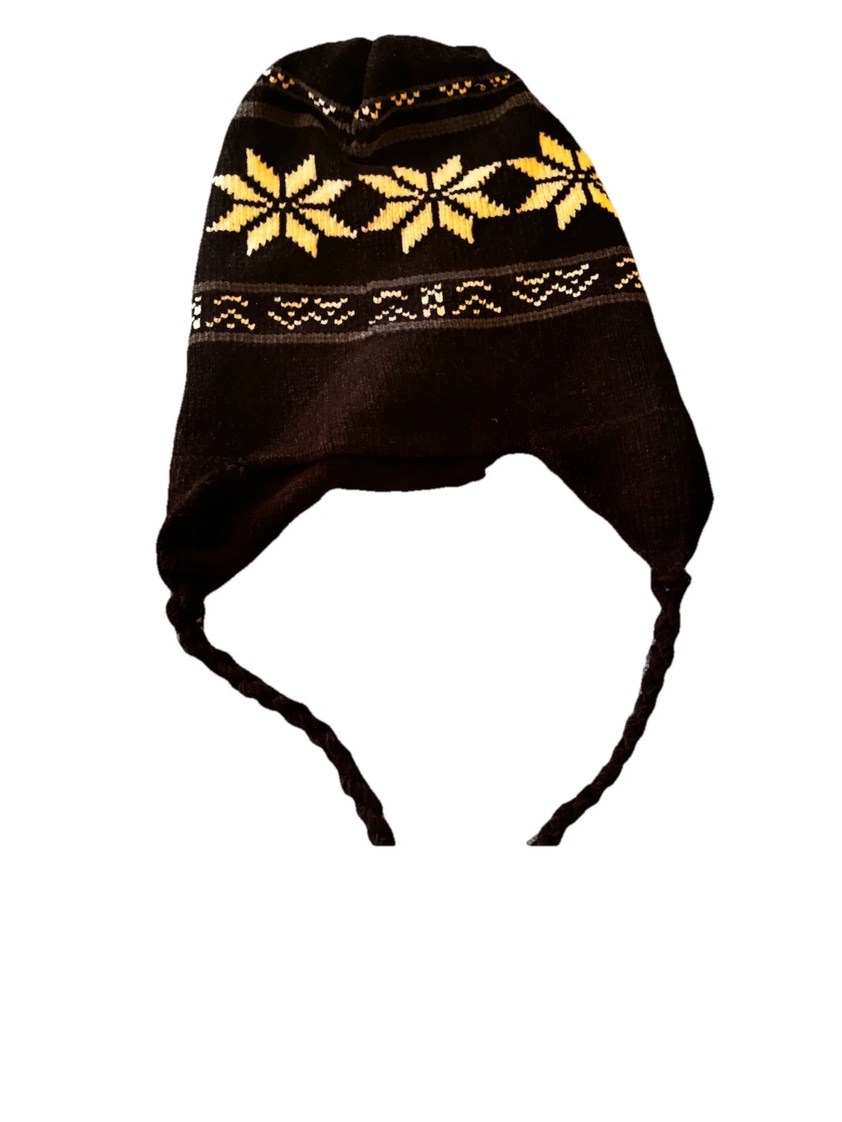 SPY Nordic Snowflake Ear Flap Knit Hat Black Fleece Lined Winter Cap EUC