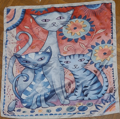 Multicolor Cat Print Satin Square Scarf Cat Print for Women. From Florence Italy