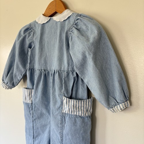 Vintage Oshkosh Denim Bubble Jumpsuit Romper 4T Peterpan Collar Pockets USA 90s - Picture 10 of 24