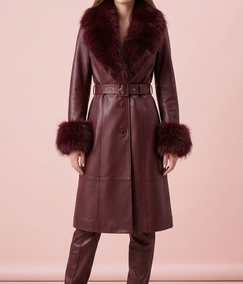 Women Real Fox Fur Detachable Collar & Cuffs Leather Jacket with Belt XL Red