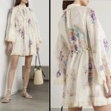 Zimmermann Jude Dress Size 2 AU 12/US 8 Floral Print Linen Lace Long Sleeve Mini