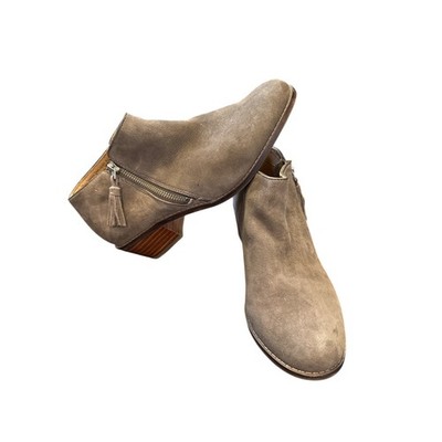 Vionic Serena Ankle Boots Women 8.5 Taupe Suede Tassel Side Zip Block Heel