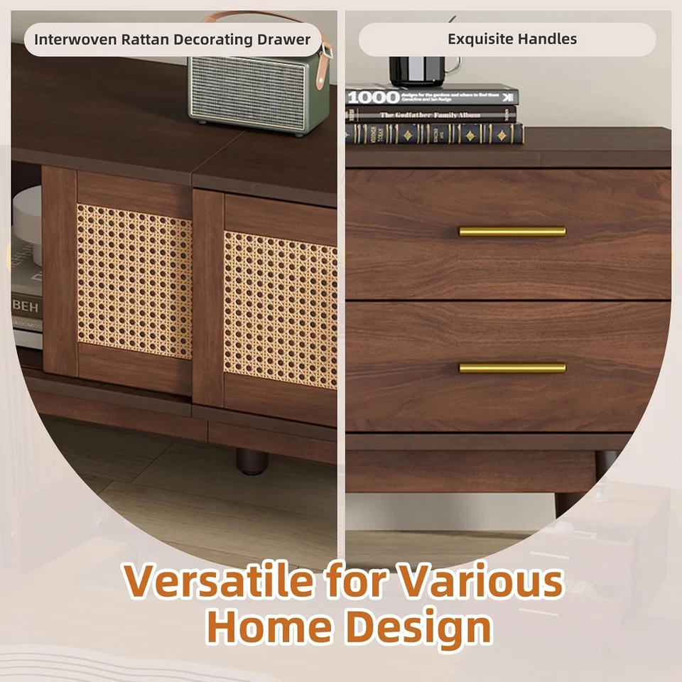 Soporte de TV de ratán para televisores de 80", consola multimedia con puertas correderas de ratán y 2 cajones Foto 4 de 4