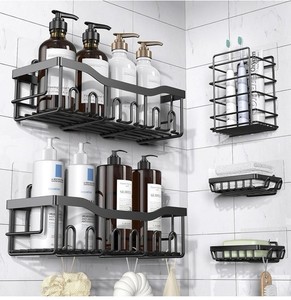 Case of 6. 5 Piece Black Metal Shower Organizer Set, Adhesive Wall Mounted. 