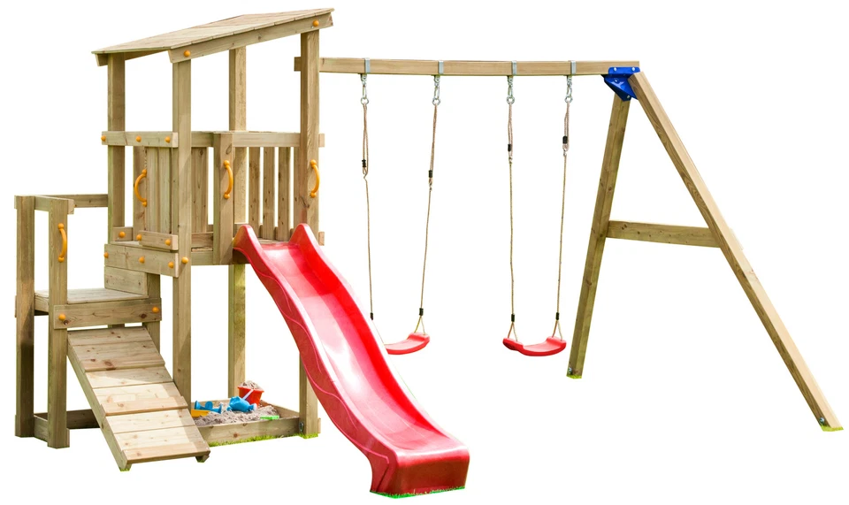 SPIELTURMKING Spielturm CASCADE Rutsche 2,30 m Doppelschaukel Kletterturm Outdoorspielplatz