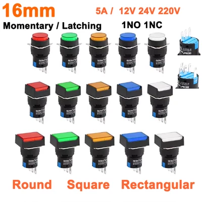 MARKENLOS 16mm 5A 12V 24V 220V LED Drucktaster Schalter Momentan Verriegelung 1 NR 1 NC