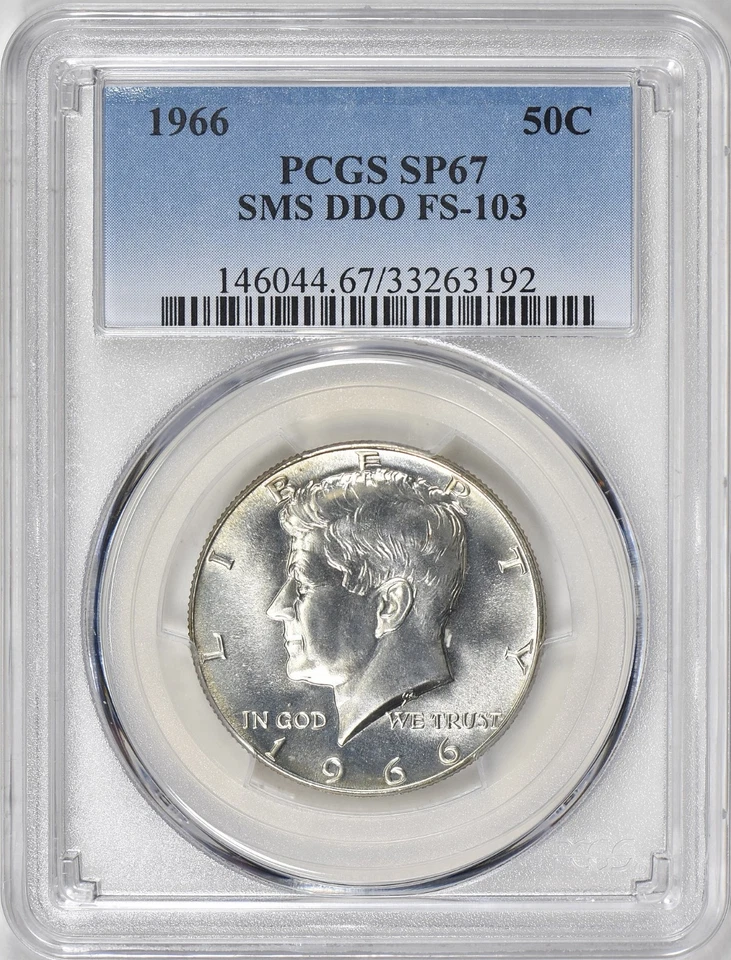 Medio dólar Kennedy 1966 50C plata SMS DDO variedad FS-103 PCGS - SP67 bonita moneda Foto 3 de 4