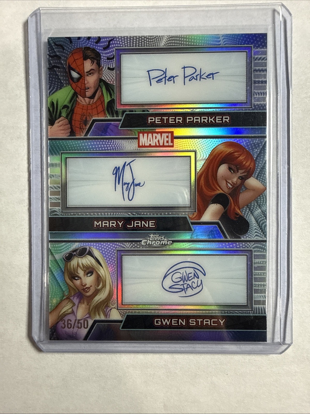 2026 Topps Chrome Marvel Facsimile Triple Auto Parker/Jane/Stacy #/50 MFT-PMG