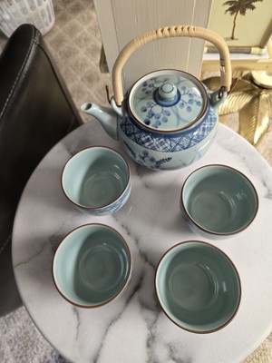 Japanese Teapot & Set of 4 Cups Blue flowers with Plastic wicker look handle