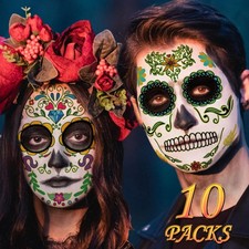 Day of the Dead Face Tattoos, Halloween Temporary Tattoo 10 Green,Red,Rose