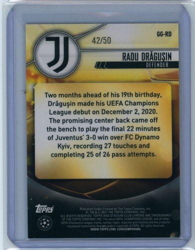 2020-21 Radu Dragusin Topps Stadium Club Chrome Gold Refractor Rookie Card 42/50 - Picture 2 of 3