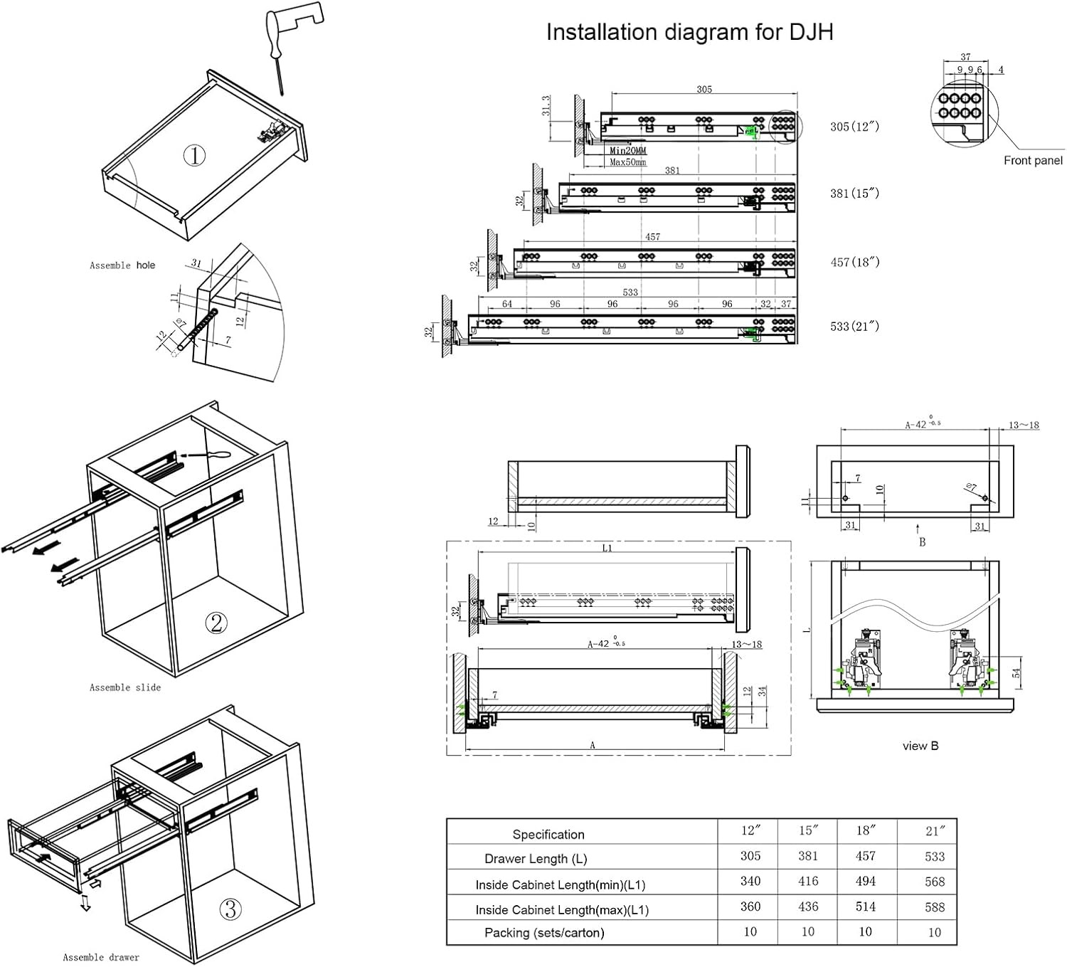21" Soft Close Undermount Drawer Slides - 6 Pairs with Mounting Screws & Bracket