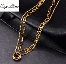 Hip Hop Women Circle Paperclip Double Chain Titanium Stainless Steel Necklace