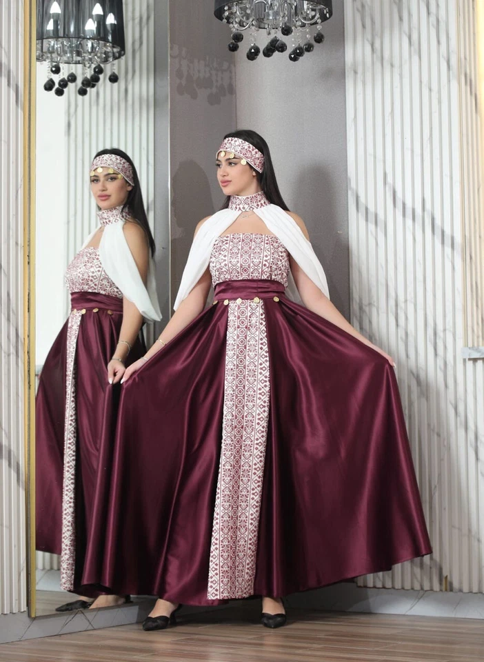 Women Palestinian Embroidered Thobe Dress Off Shoulder Satin Details & Headband - Image 3 of 4