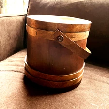 Antique Primative Shaker Firkin Sugar Bucket Drop Handle & Lid 10.25" H 3 Band