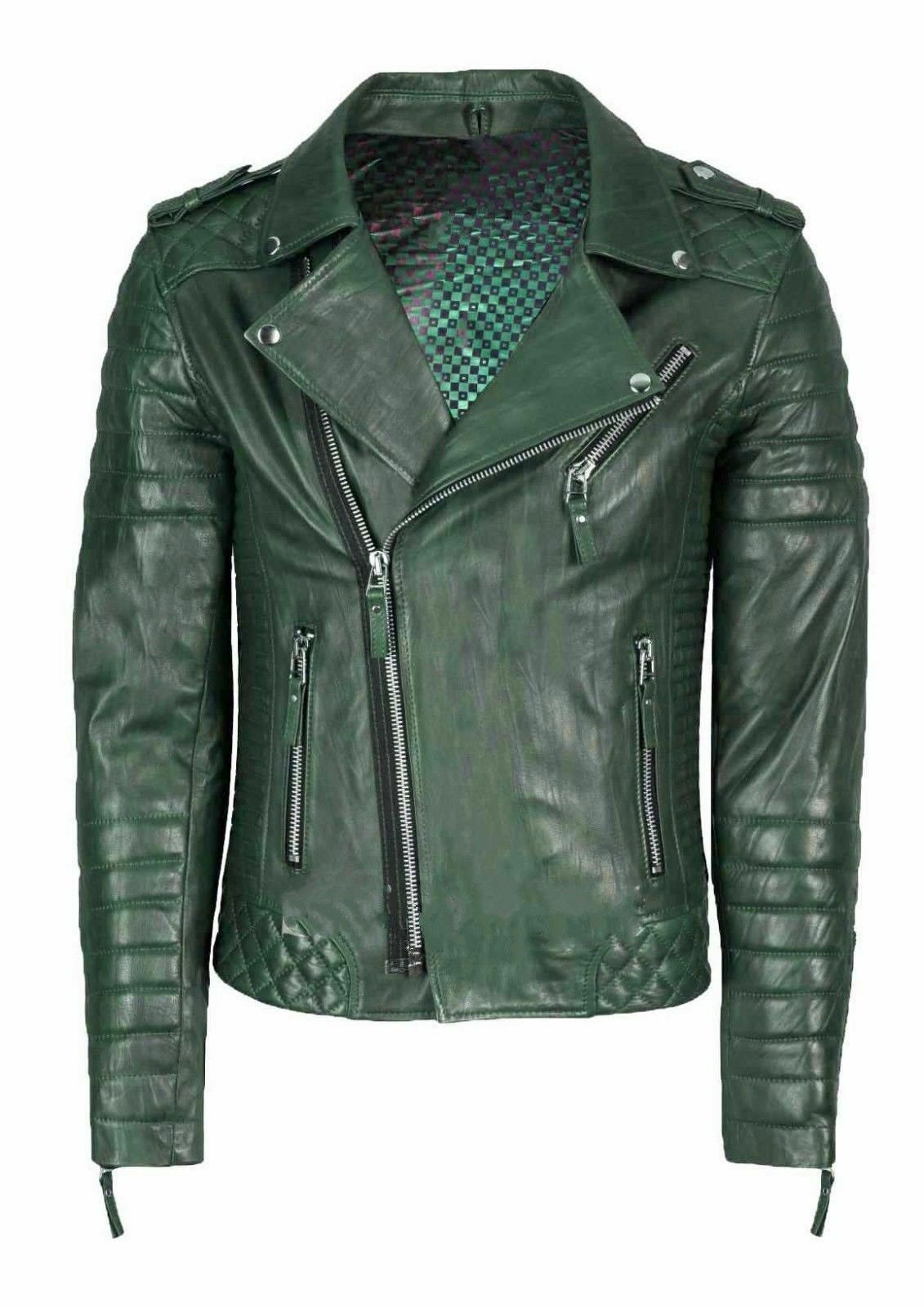 ALTRA Giacca cappotto verde biker uomo vera pelle d'agnello pelle da combattimento club