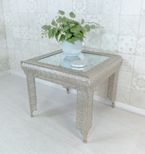 Silver Embossed Metal Glass Moroccan Style Side Table (GZ422)