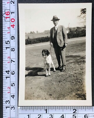 Man Walking Pet Hunting Dog Outside Suit Leash Photo Snapshot Springer Spaniel