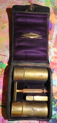 VINTAGE 1920S GILLETTE GOLD RAZOR SHAVING TRAVEL KIT W/ CASE, 8 BLADES IN PAPER