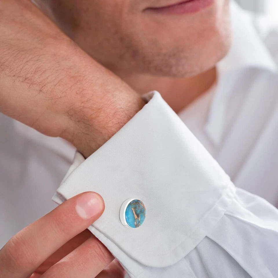 Запонки из стерлингового серебра 925 пробы с голубой медью бирюзой подарок жениху - Изображение 4 из 4