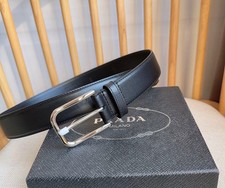 Prada Men's Black Genuine Leather Dress Belt Silver Pin Buckle 35mm