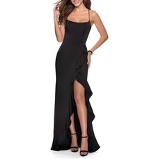 La Femme Black Ruffle Slit Prom Formal Gown Lace Up Back Size 00