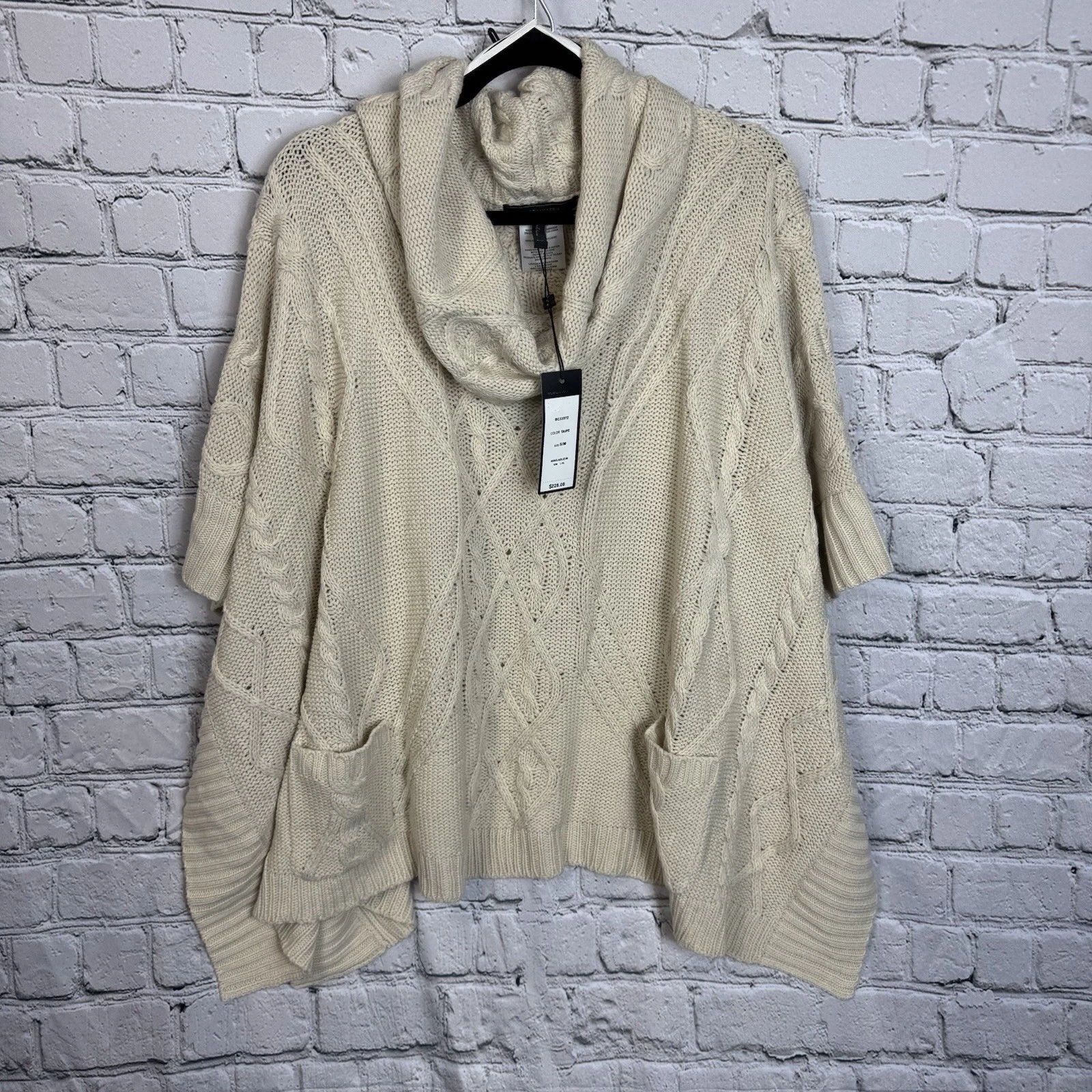 BCBGMaxAzria NWT Cream Taupe Chunky Cable Knit Cowl Neck Cozy Poncho Size Sm/Med