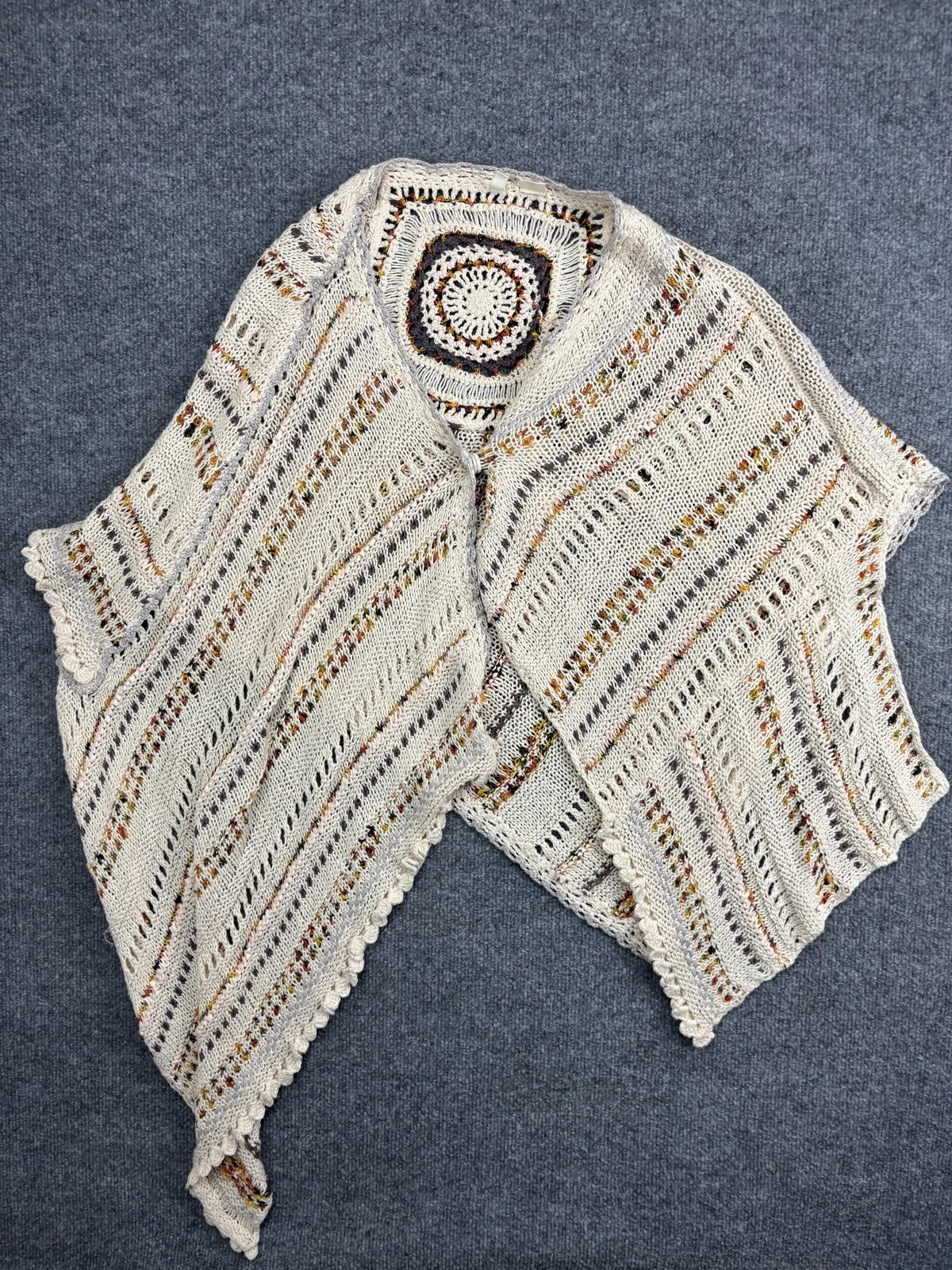 Moth Poncho Wrap Womens One Size Ivory Multicolor Knit Crochet Boho Ruana Cape