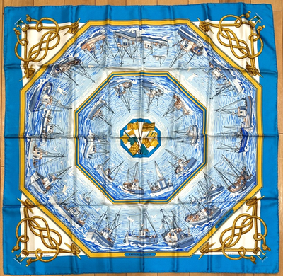 MINT! RARE VTG HERMES REWTOUR DE PECHE Carre 90 Silk 100% Scarf