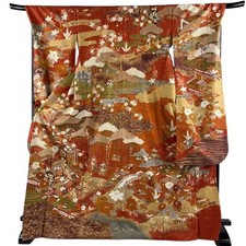 Woman Japanese Kimono Furisode Silk Goshoguruma Pine Plum Foil Reddish brown