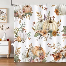 Fall Harvest Pumpkins Autumn Floral Thanksgiving Shower Curtain, Hooks, 72x72