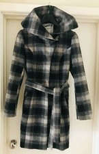 Wool Coat New Grey Check Size 12 Uk With Belt High Collar