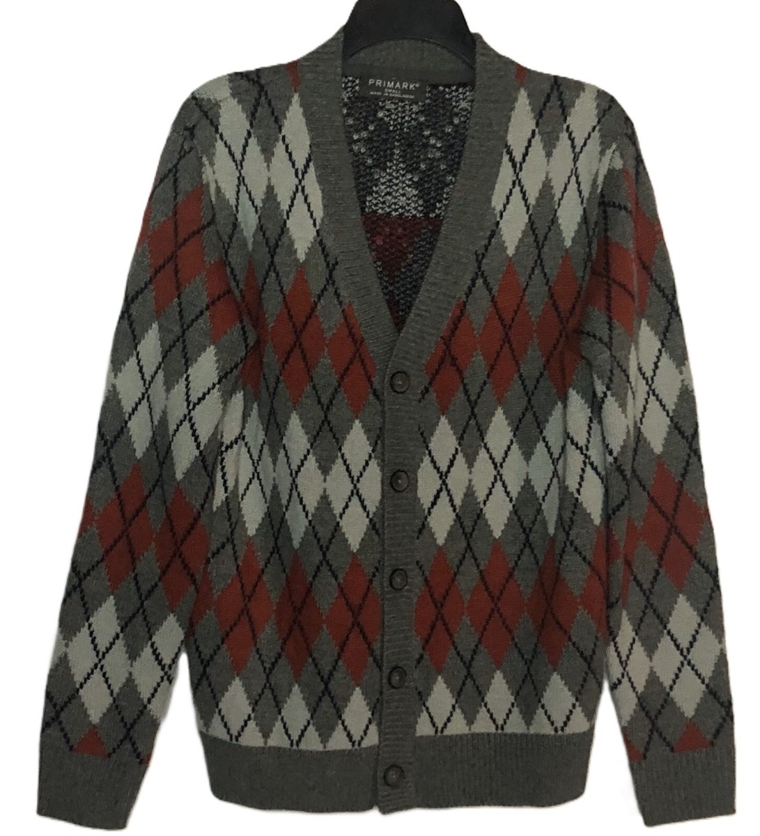 Primark Argyle Cardigan Sweater Gray Red Men's Size Small UK