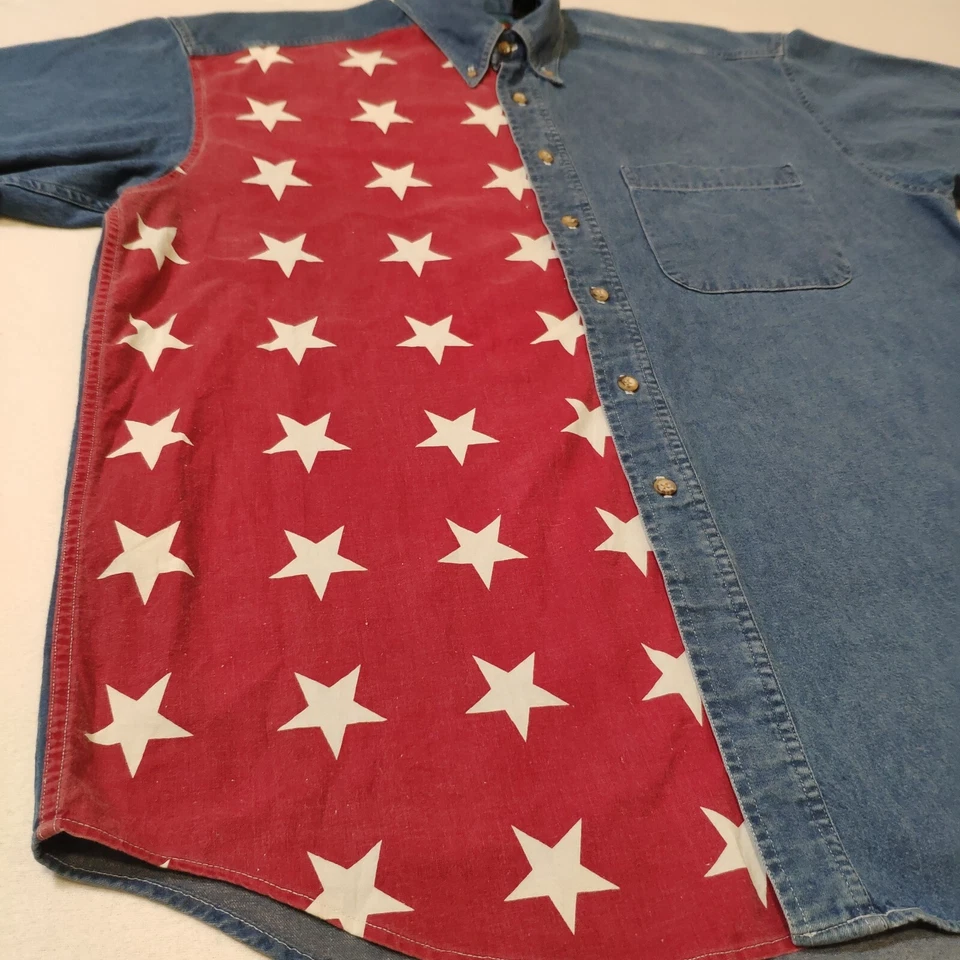 Tango By Max Raab Button Down Shirt Denim Short Sleeve Red White Star Mens Large - Image 2 of 4