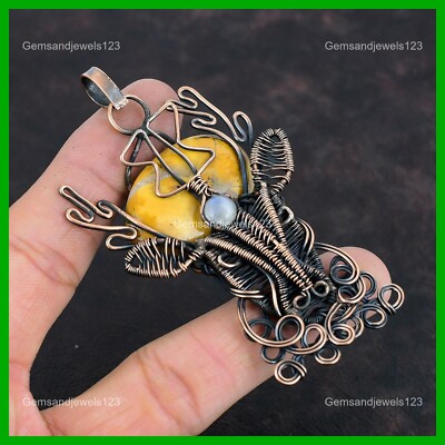 Copper Natural Maligano Jasper Rainbow Moonstone Wire Wrapped Deer Face Pendant