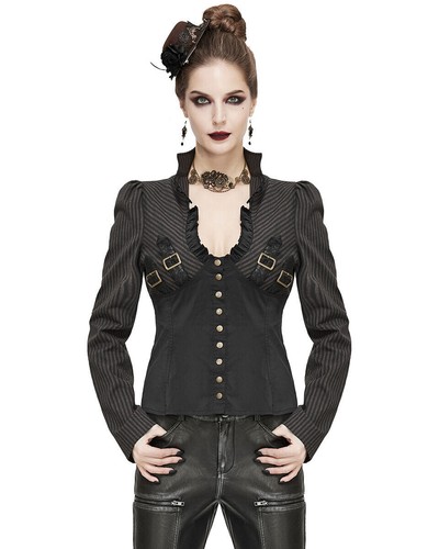 Devil Fashion Womens Steampunk Blouse Top Black Brown Stripe Victorian Gothic - Picture 18 of 24