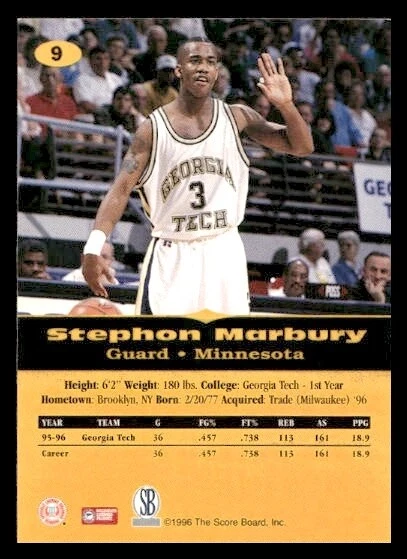 1996 Scoreboard #9 Stephon Marbury Georgia Tech - Image 2 of 2